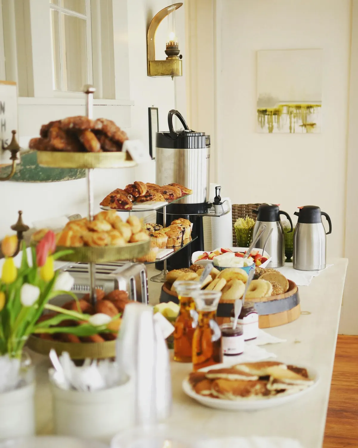 Catered breakfast setup in an office pantry